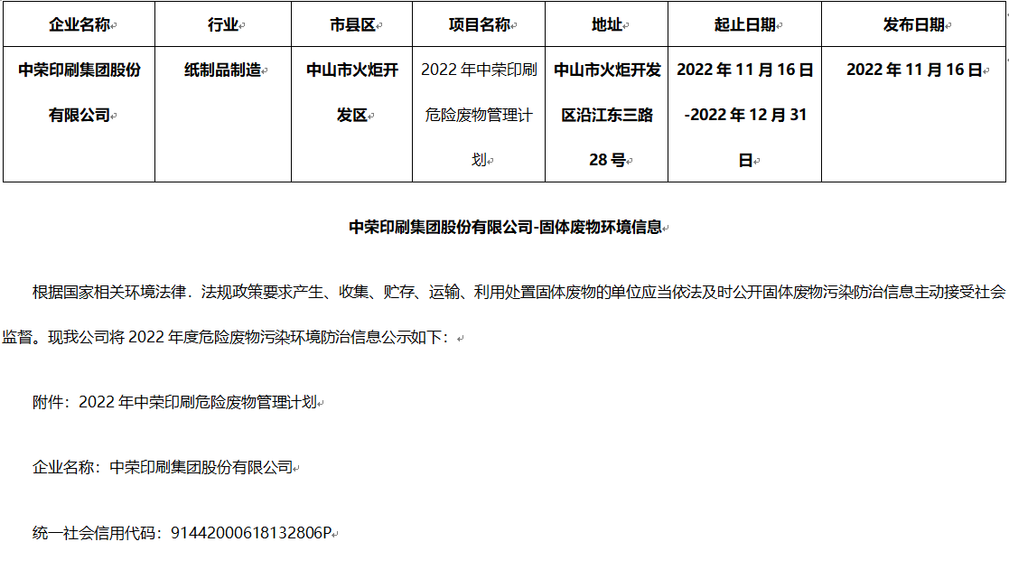 中荣印刷集团股份有限公司危险废物信息公示