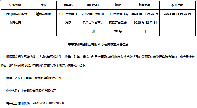 中荣印刷集团股份有限公司危险废物信息公示