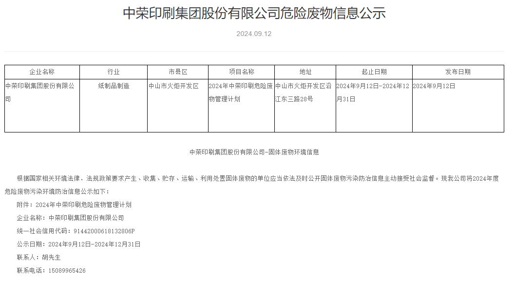 中荣印刷集团股份有限公司危险废物信息公示
